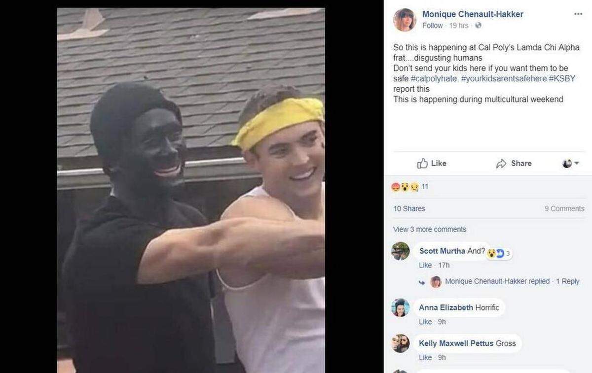 A photograph posted to Facebook on Saturday shows two brothers from Cal Poly's Lambda Chi Alpha fraternity, one of whom is in blackface.