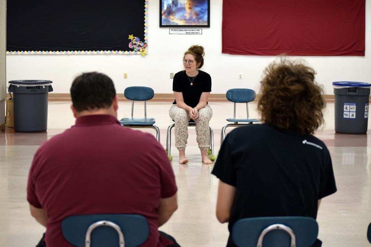 Ashlin Hatch waits to deliver her lines at a rehearsal for the upcoming production of “Nice Town, Normal People.” The play will open at The Clark Center for the Performing Arts on Aug. 17.