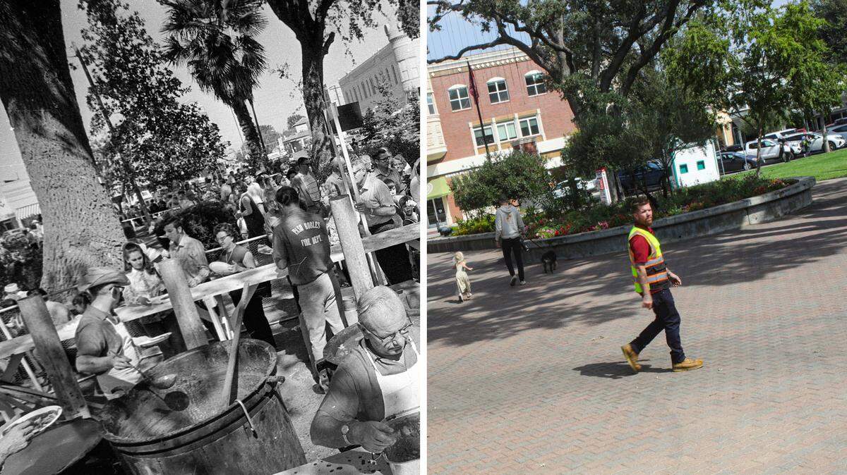 At left, Paso Robles residents enjoy the traditional bean feed in Downtown City Park during Pioneer Day on Oct. 10, 1970. In the background is the original Acorn Building, which was destroyed by the 2003 San Simeon Earthquake. At right, is the park as it looks today.