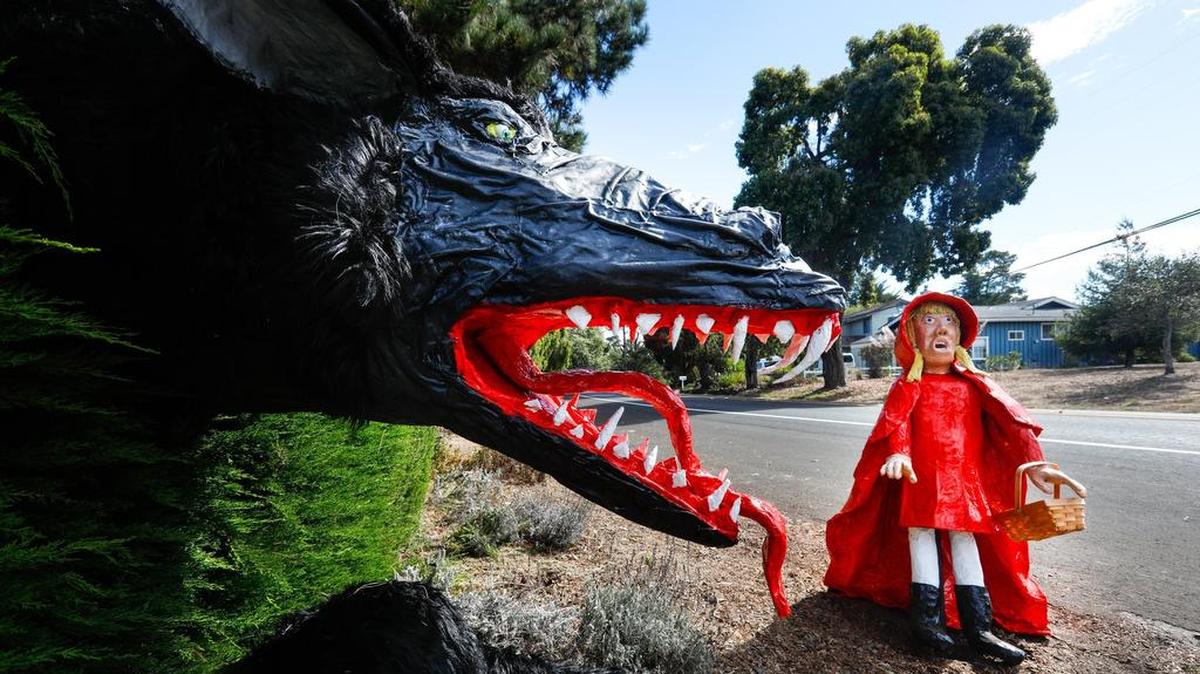 Little Red Riding Hood and the Big Bad Wolf at Cambria Pines Lodge, Cambria. About 100 newly created scarecrows and up to 500 Scarecrows are on the streets in Cambria, San Simeon and Harmony as part of the 10th annual Scarecrow Festival. They will be out on the streets during October.