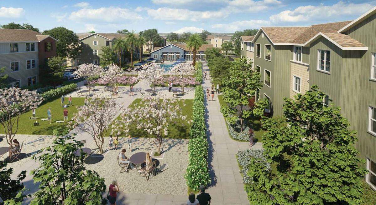 An artist’s rendering shows a 200-unit apartment complex planned for Creston Road in Paso Robles.