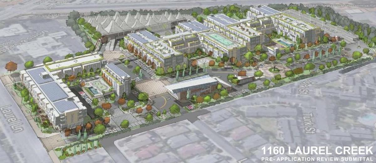 The concept for the 17-acre property on Laurel Lane would convert a warehouse and retail space into a 606-unit high-density housing development.
