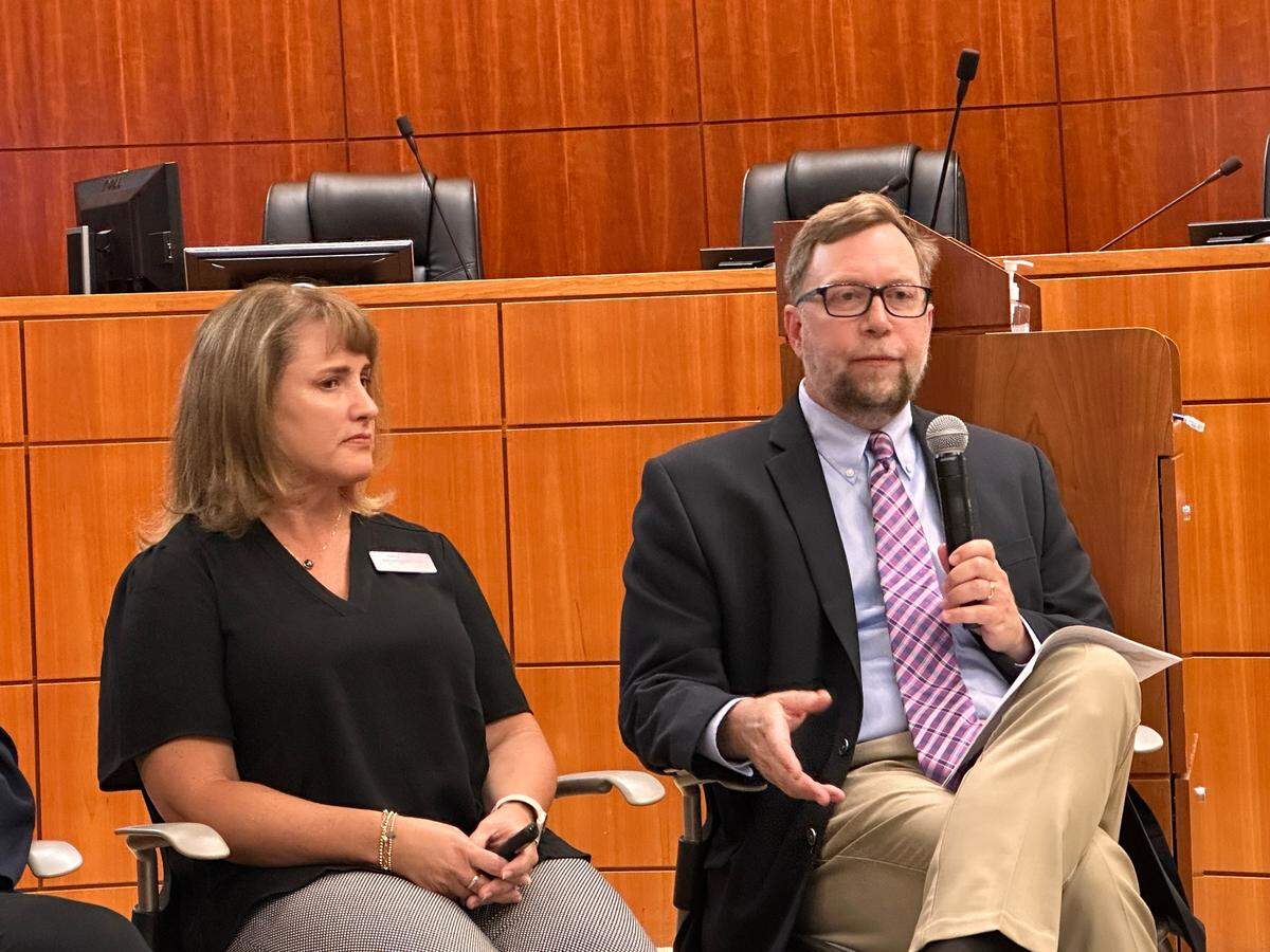 Radiology Associates Chief Administrative Officer Marci Miller and Planning and Building Department Director Trevor Keith discuss the Lean Sigma Six program on Tuesday, July 25, 2023.