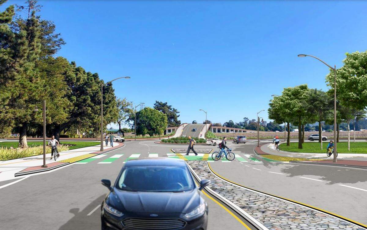 The city of San Luis Obispo is moving forward on plans to build a Highway 101 overpass at Prado Road. A rendering shows what the view from Dalidio Road might be.
