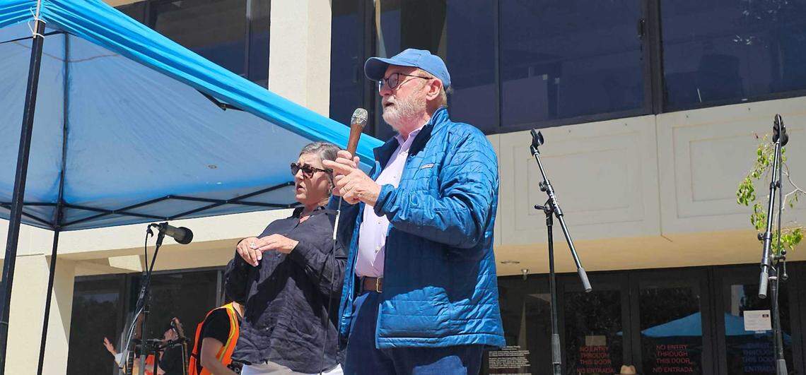 Thousands gathered in San Luis Obispo for No Kings Day to protest executive overreach by the Trump administration on the President’s birthday. Senator John Laird spoke during the protest. 