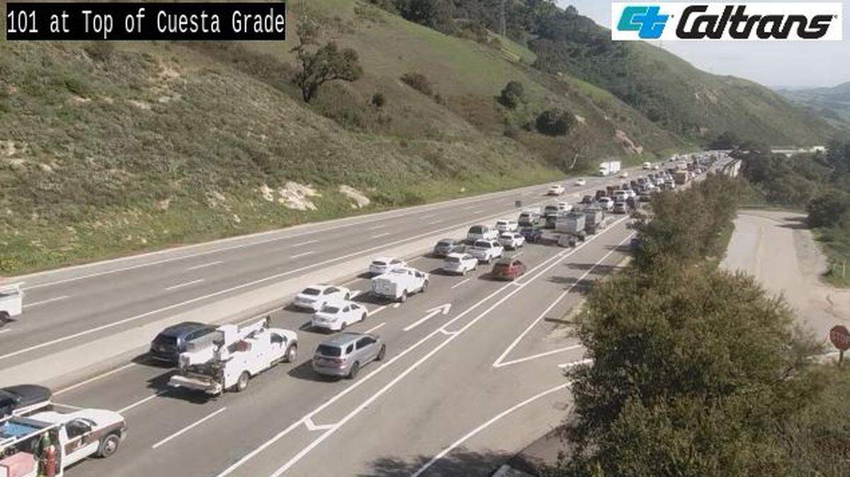 An overturned trailer blocked southbound traffic on Highway 101 at the Cuesta Grade on March 27, 2024.