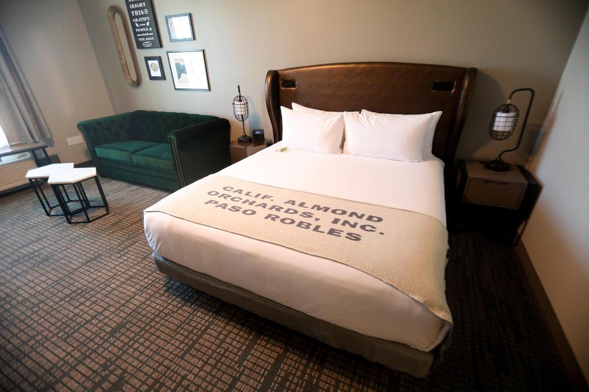 Oxford Suites hotel opened July 15, 2019, on 4th Street in Paso Robles. Decorations recall local history, including the period when the region claimed to be the “Almond Capital of the World.”
