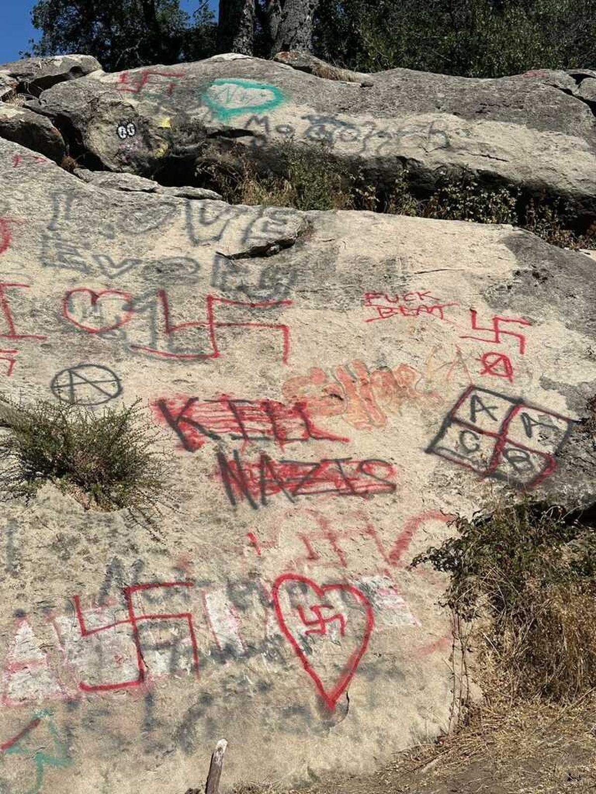 San Luis Obispo resident Jason Barroca spotted Nazi-related graffiti on a rock formation on Hi Mountain Road on Sunday, Sept. 25, 2023.