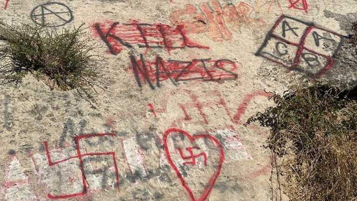 San Luis Obispo resident Jason Barroca spotted Nazi-related graffiti on a rock formation on Hi Mountain Road on Sunday, Sept. 25, 2023.