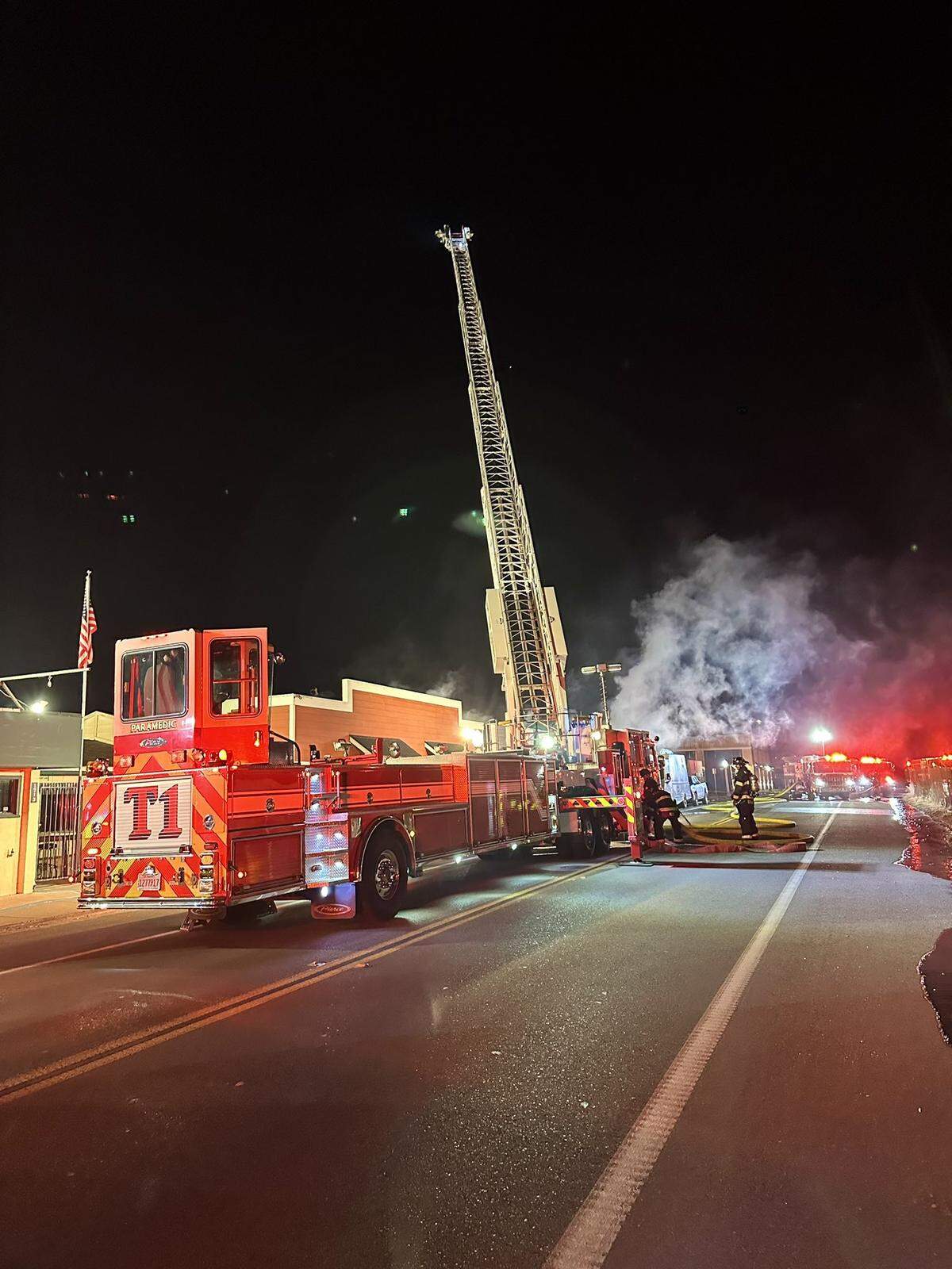 Firefighters work to extinguish a blaze Los Tamales Poblanos Mexican Food on Front Street in Oceano early Friday morning May 12, 2023.