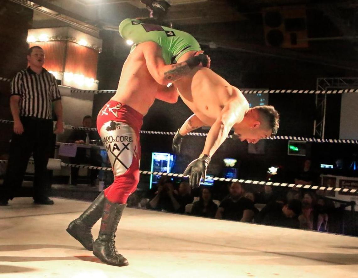 R.J. Cruz, aka R.J. Castillo, is about to be slammed into the mat by Hard Core Max X at a Cen-Cal Professional Wrestling match at The Graduate in San Luis Obispo on Sunday, Feb. 12, 2017. Cen-Cal Professional Wrestling plans to open a school for pro wrestling hopefuls.