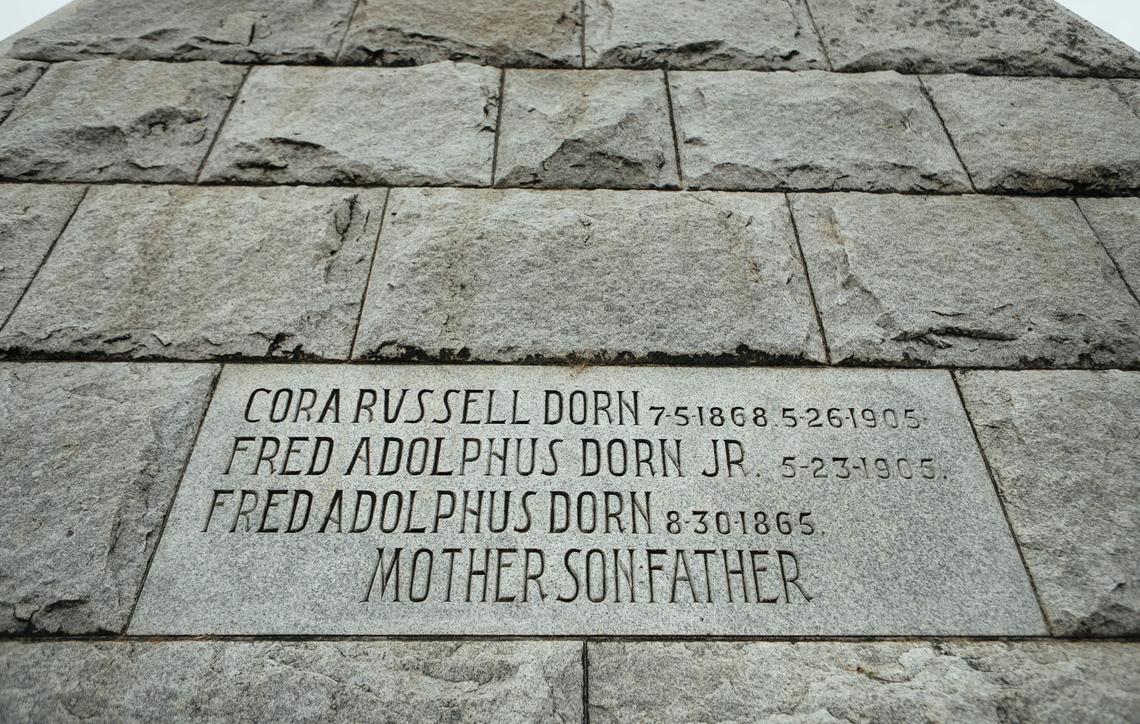 The names of Cora Russell Dorn, her son, Fred Adolphus Dorn Jr., and her husband, Fred Adolphus Dorn, are carved on the exterior of the Dorn Pyramid in San Luis Cemetery in San Luis Obispo.