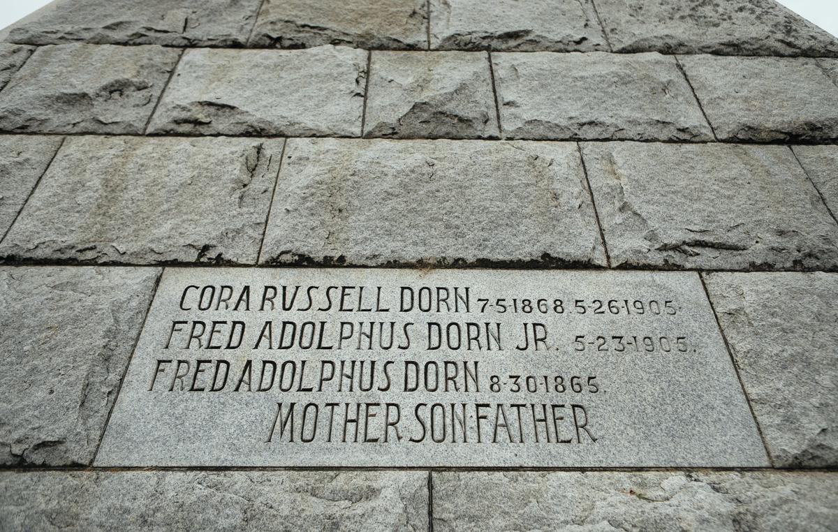 The names of Cora Russell Dorn, her son, Fred Adolphus Dorn Jr., and her husband, Fred Adolphus Dorn, are carved on the exterior of the Dorn Pyramid in San Luis Cemetery in San Luis Obispo.