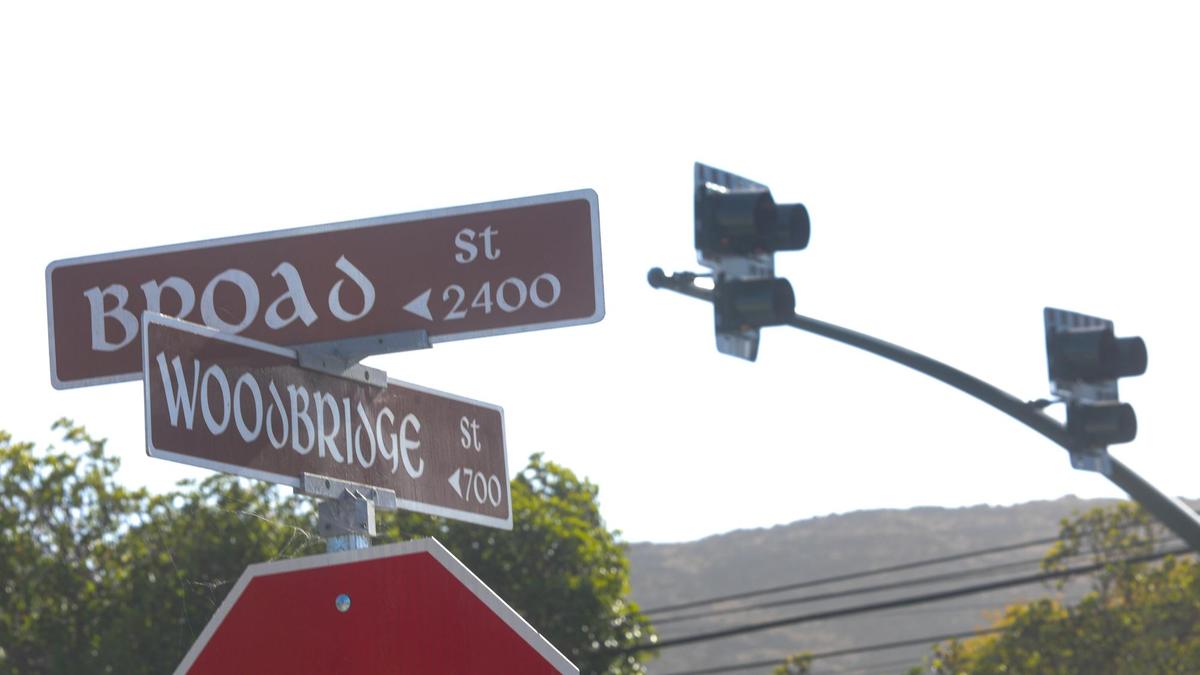 San Luis Obispo is installing hybrid beacons to help pedestrians, and bicycles cross some of the busiest streets in the city. This one is at Broad and Woodbridge Streets.