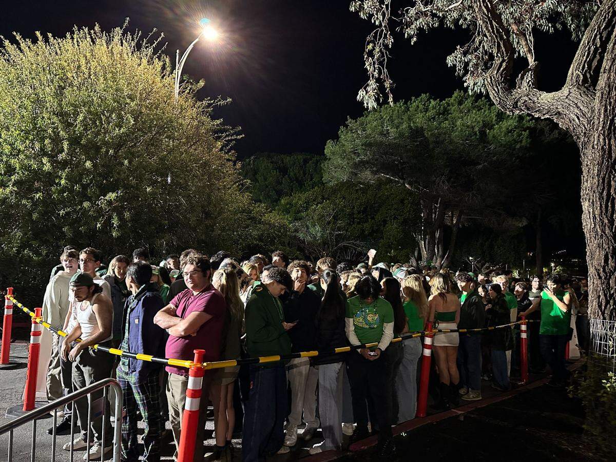 As of about 5:30 a.m., more than 200 students were waiting in the standby line to be allowed in when the doors open to people without tickets during a concert at Cal Poly on March 15, 2025.