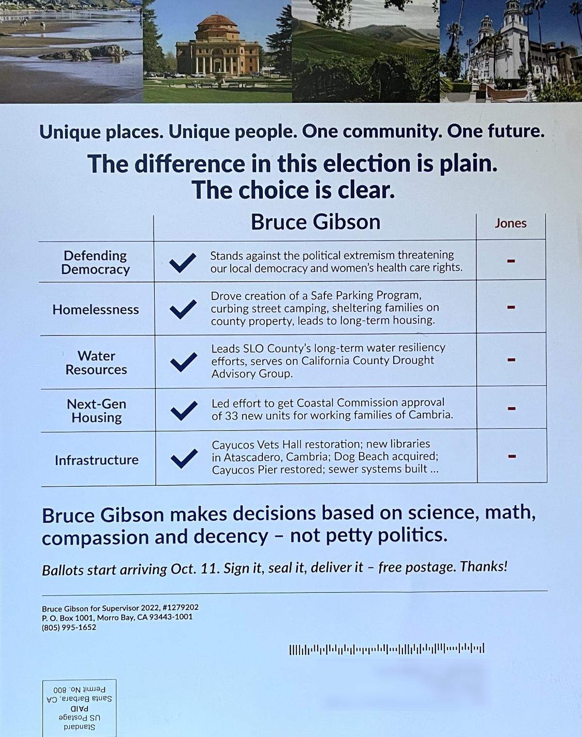 Bruce Gibson and Bruce Jones are competing for the District 2 seat on the San Luis Obispo Board of Supervisors. Gibson sent out this mailer to folks living in his district.