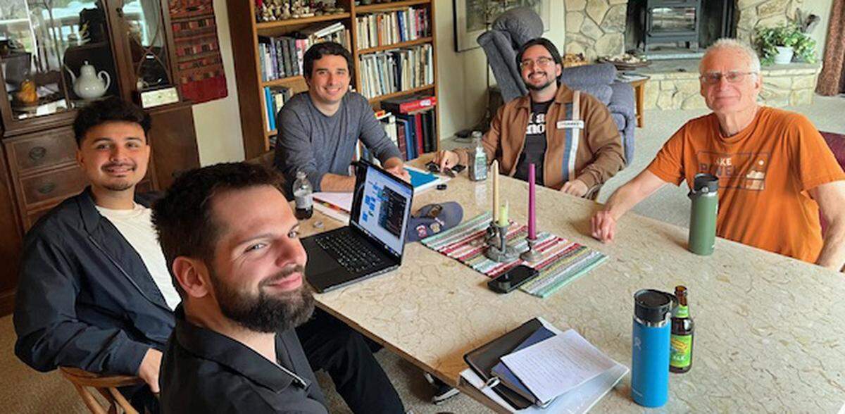 A quintet of Cambria film creatives are collaborating on an emotional new family drama, “Final Decision.” They are, Julian Mercado, left, and Darien Jewel of Cambria’s Slabtown Studios, who will be handling the production, directors Kyle and Carlos Plummer and screenwriter Steve Brody. The team was holding a preproduction meeting Monday, March 10, 2025, a few days before the filming was due to begin, all of it in Cambria.