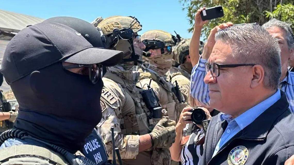 Congressman Salud Carbajal joins a crowd protesting a federal raid on a Carpinteria business Thursday, July 10, 2025. He said he showed up to observe the operation, which he called “overkill and ridiculous.”