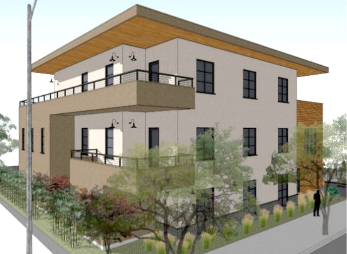A rendering for the building shows it with a two-tone tan color scheme.