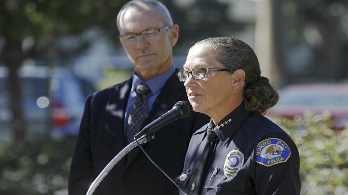 Morro Bay police chief Amy Christey speaks at an October 2015 briefing about an officer-involved shooting. Next to her is Mayor Jamie Irons.