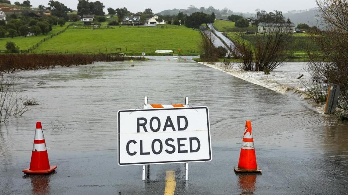 San Luis Obispo Creek flows over San Luis Bay Drive east of Highway 101.