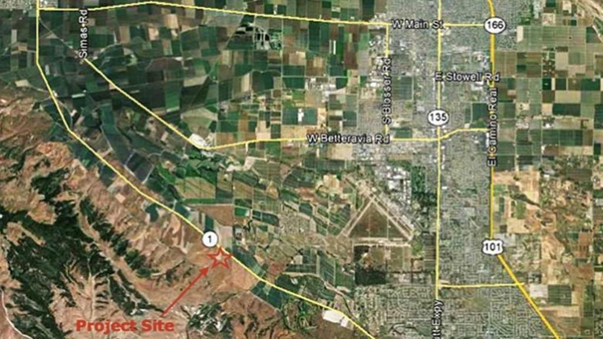 A map shows location of a proposed farmworker housing camp with bunkhouses and more planned for the site on Highway 1 near Black Road in the Santa Maria Valley.