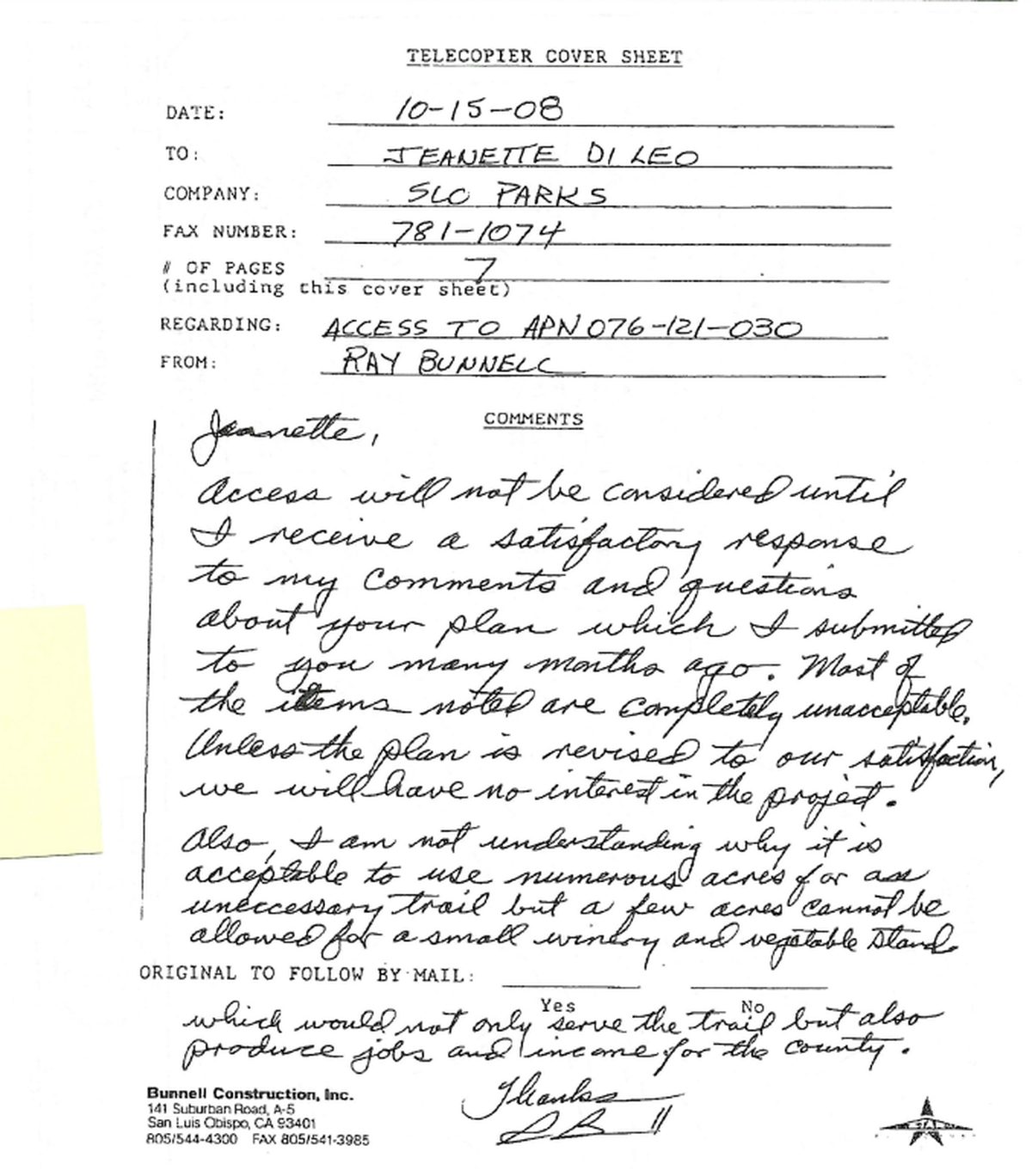 Ray Bunnell shared his concerns with the county over the Bob Jones Trail is a document dated Oct. 15, 2008.