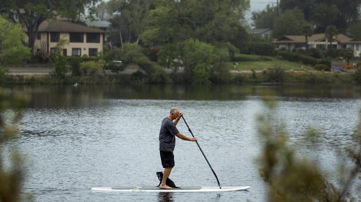 A standup paddleboarder braved Monday’s rainy weather to take his dog for spin on Atascadero Lake.