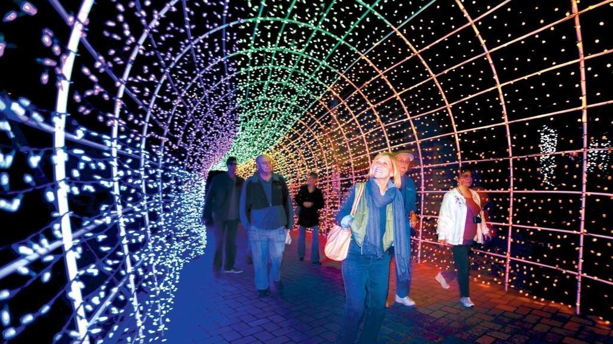 Donna Hoppe of Cambria gazes up at the lighted ‘tunnel’ which greets visitors to the new Christmas Market in this 2012 file photo.