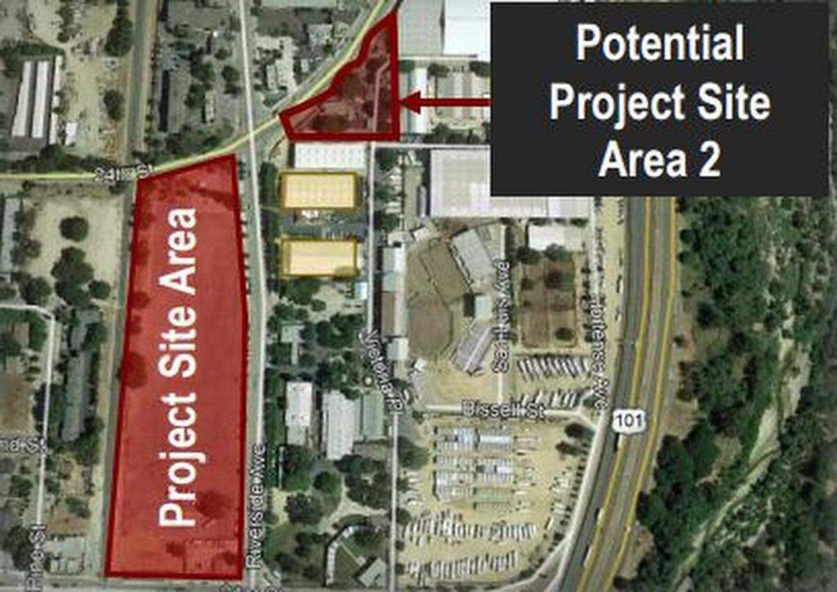 Potential sites for a conference center at the Paso Robles Event include the parking lot on Riverside Avenue and a parcel in the northwest corner of the property.