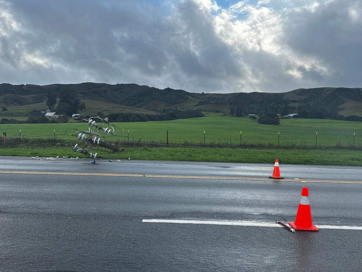 Los Osos Valley Road at Foothill Boulevard was closed Feb. 7, 2024, after power poles fell blocking part of the road.