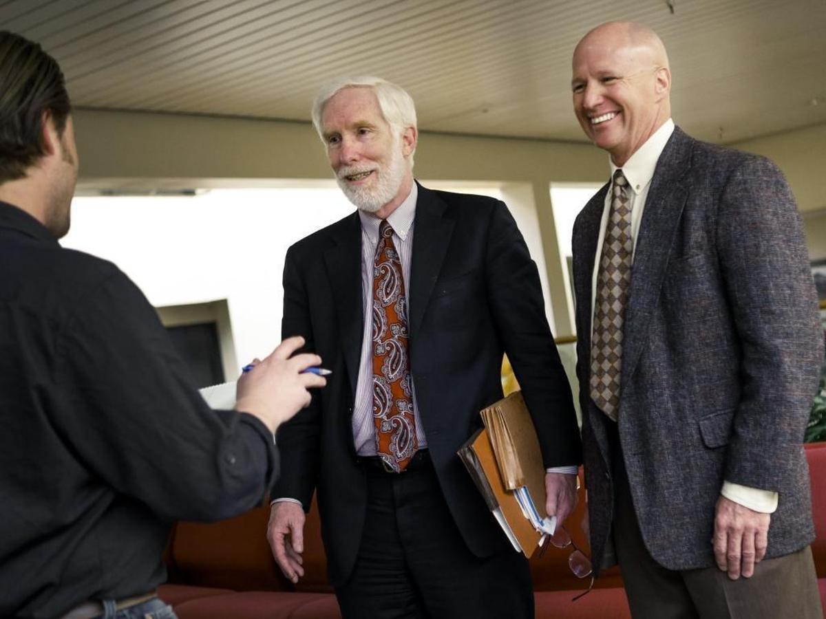Charles Tenborg, right and his attorney James Wagstaffe speak to the media after the jury found Cal Coast News’ Karen Velie and Daniel Blackburn guilty of defamation and awarded Tenborg $1.1 million in damages.
