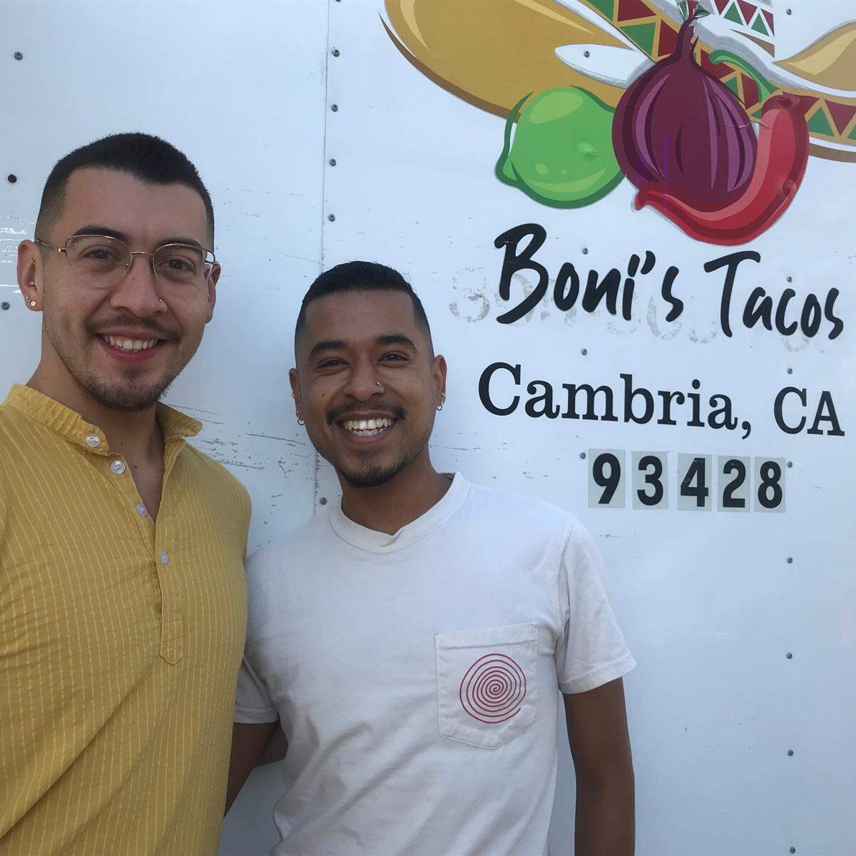 Boni’s Tacos is the Cambria Chamber of Commerce’s pick for the town’s 2023 Business of the Year. The honor is based in part on the taqueria truck’s 18 years of selling notable authentic Mexican food, but also on the determined volunteerism of the son of the founders and business manager, Cesar Viveros, right, and his husband Alfonso Acuna. Viveros was the sparkplug and organizer for Cambria’s first Pride by the Sea event in June.