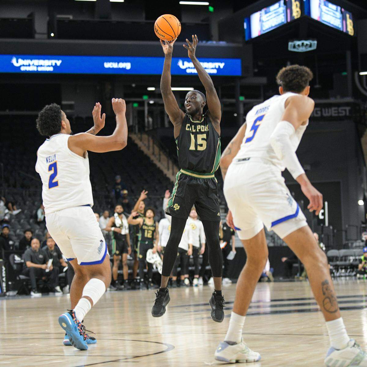 Ali Koroma takes a shot in Cal Poly’s 64-54 loss to UCSB in the Big West men’s basketball tournament at Dollar  Dollar Loan Center in Henderson, Nevada, on March 9, 2023.