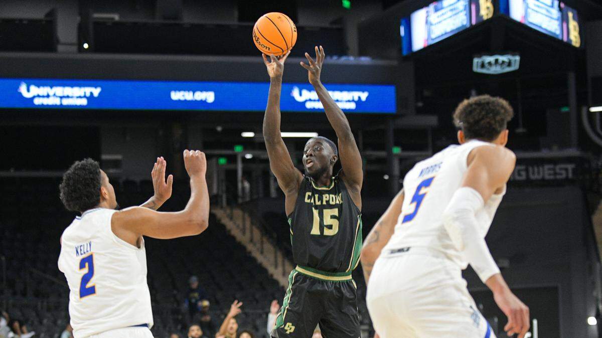 Ali Koroma takes a shot in Cal Poly’s 64-54 loss to UCSB in the Big West men’s basketball tournament at Dollar Dollar Loan Center in Henderson, Nevada, on March 9, 2023.