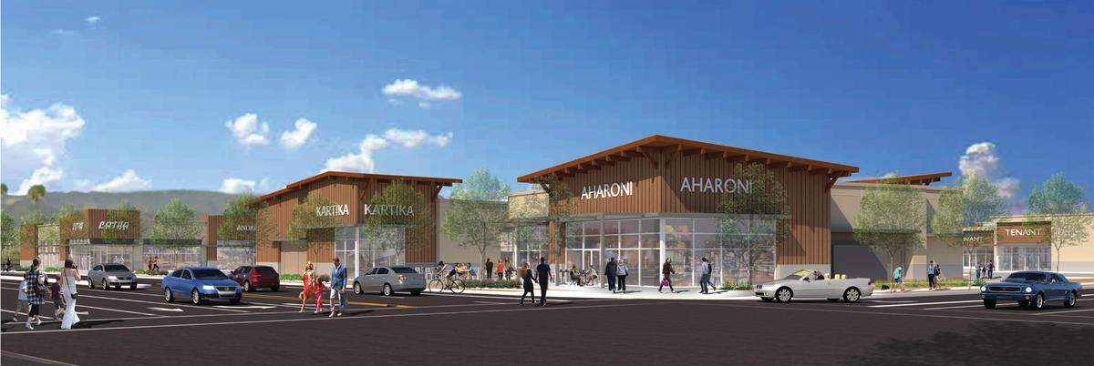 An artist's rendering shows a proposed shopping center development at the corner of Tank Farm Road and Broad Street in San Luis Obispo.