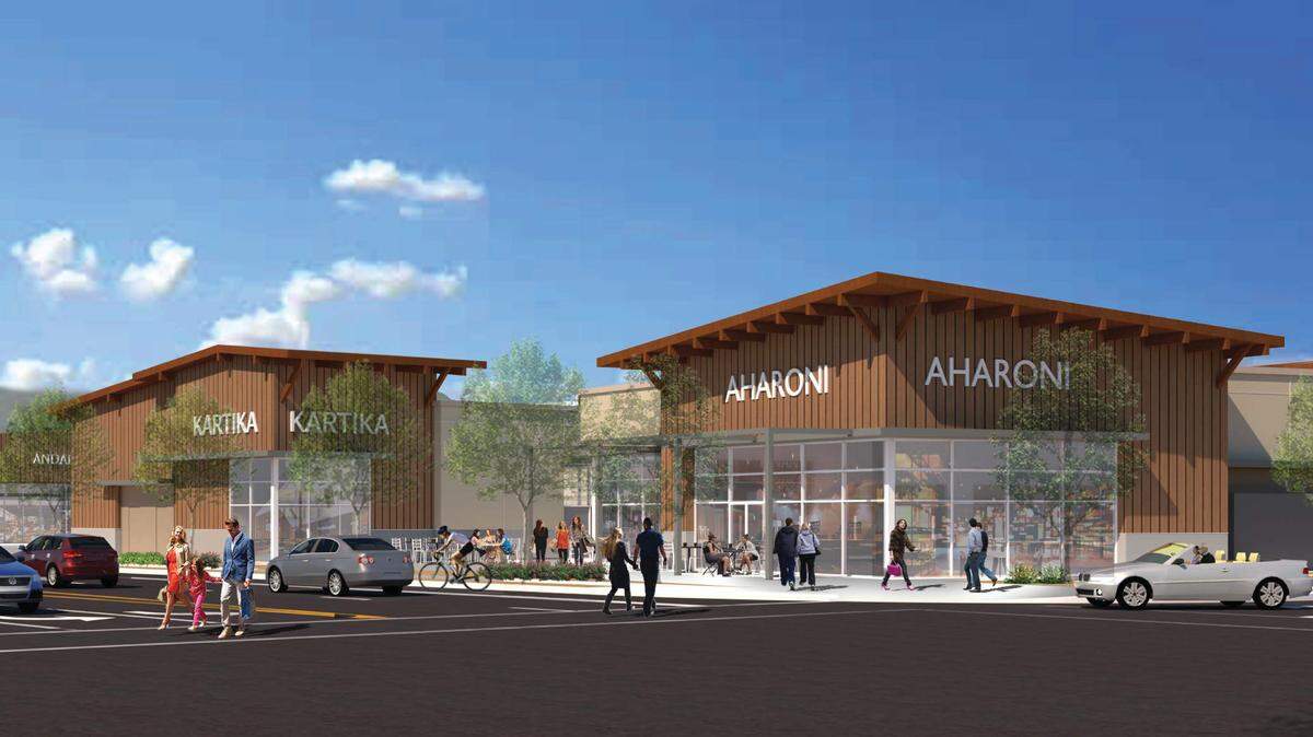 An artist's rendering shows a proposed shopping center development at the corner of Tank Farm Road and Broad Street in San Luis Obispo.