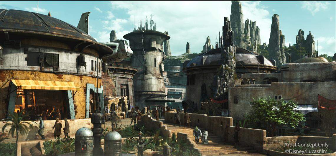 An artist’s rendering shows Star Wars: Galaxy’s Edge, which opens May 31, 2019, at Disneyland Park in Anaheim, California, and Aug. 29, 2019, at Disney’s Hollywood Studios in Lake Buena Vista, Florida.