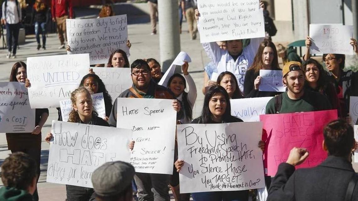 Students in Cal Poly’s SLO Solidarity group demanded changes that included an expanded gender-inclusion housing program, which was extended to Cal Poly freshmen this year. The student activists are shown protesting in this photo taken last school year.