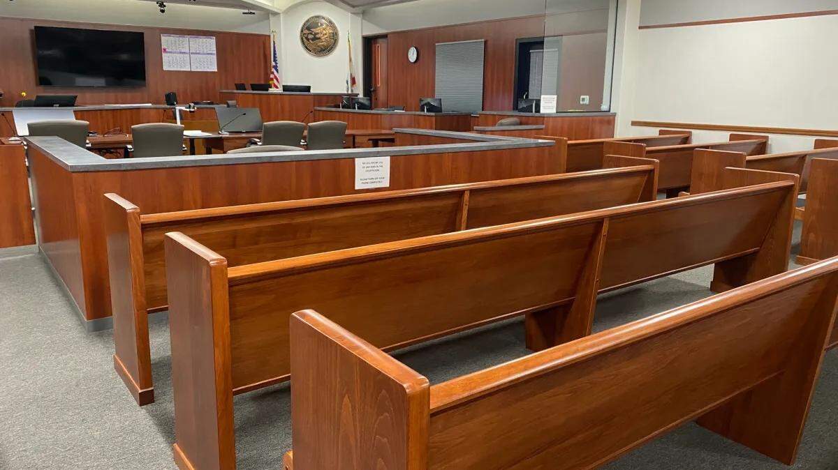 Benches, not auditorium seats, are now part of the renovated Department 8 of Superior Court in Santa Maria after fire and water damage earlier this year.
