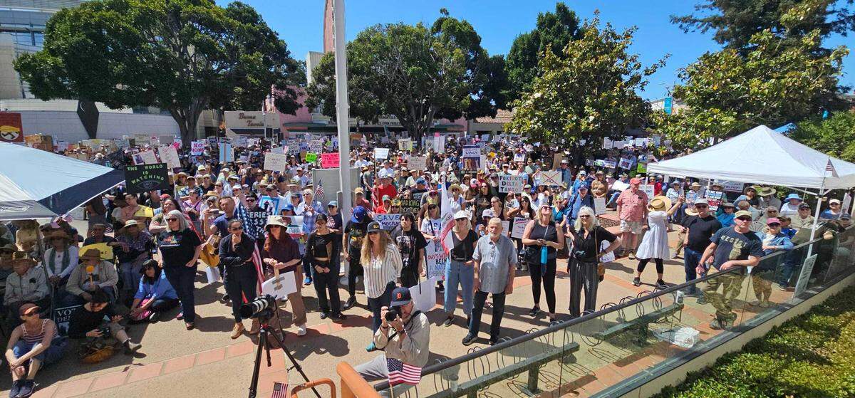 Protestors gathered in front of the courthouse in San Luis Obispo, for No Kings Day to protest executive overreach by the Trump administration on the president’s birthday.