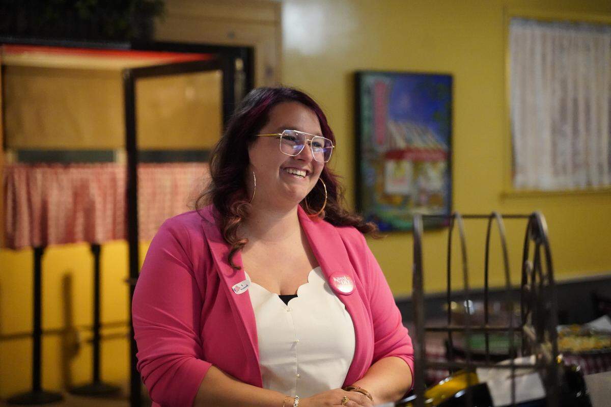 Kassi Dee took a slight early lead in the race for Grover Beach mayor on Nov. 5, 2024. Dee, pictured above, celebrated early returns at an Election Night party at Jimmy D’s Spaghetti Joint.