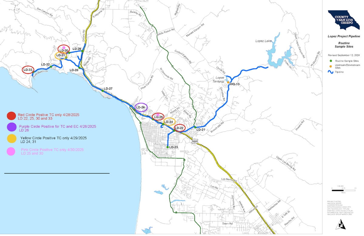 San Luis Obispo County discovered bacteria in the water distribution pipeline in Avila Beach, Pismo Beach and Arroyo Grande on April 29, 2025.