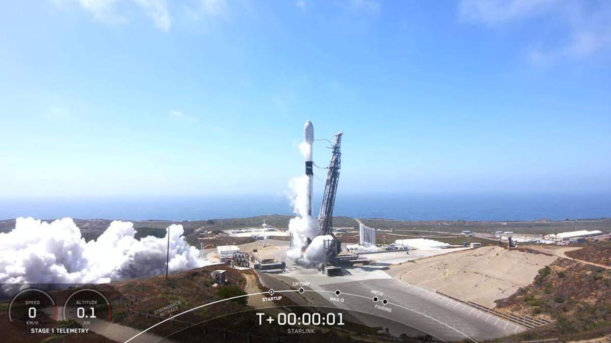SpaceX’s Falcon 9 rocket took off from Vandenberg Space Force Base just after 2:41 p.m. on Aug. 12, 2022. A screenshot of the live broadcast shows the moment the rocket began liftoff.