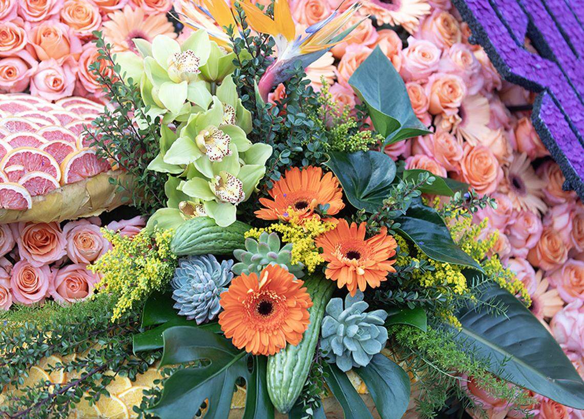 About 20,000 flowers decorated Cal Poly’s 2024 rose float.