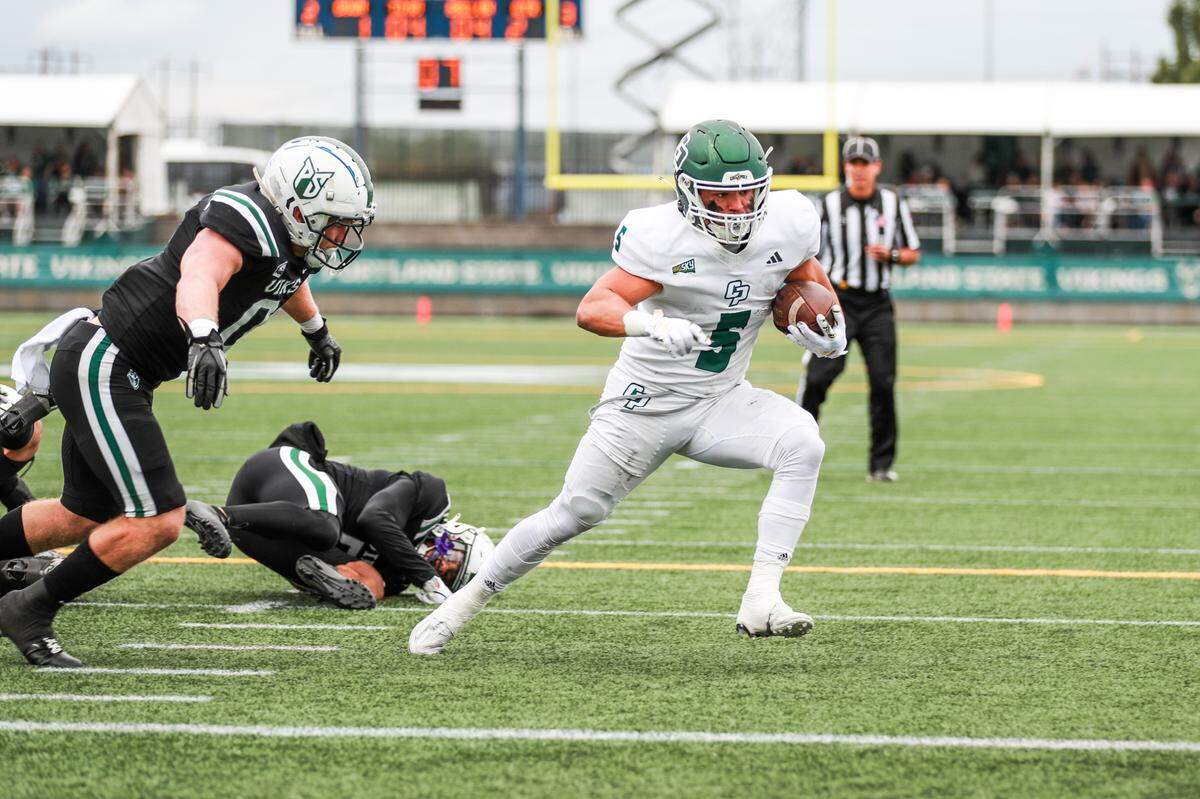 Cal Poly running back Aiden Ramos (5) rushes for a touchdown in the Mustangs’ 59-21 loss to Portland State in a Big Sky football game on Sept. 23, 2023, at Hillsboro Stadium.
