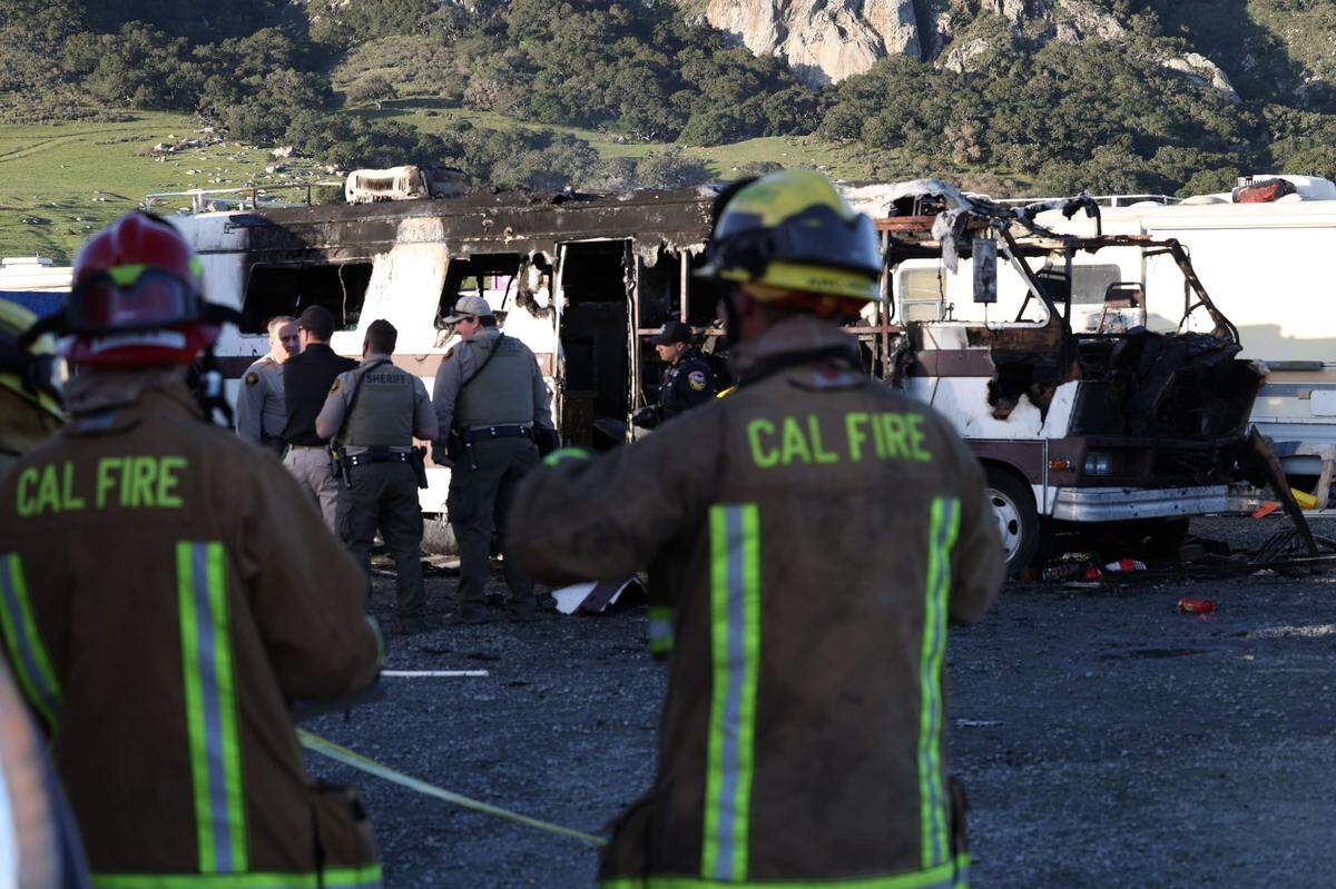 A fire burns a RV at the county safe parking site on Kansas Ave. One person has been confirmed dead in the blaze. The cause is under investigation, according to Cal Fire.