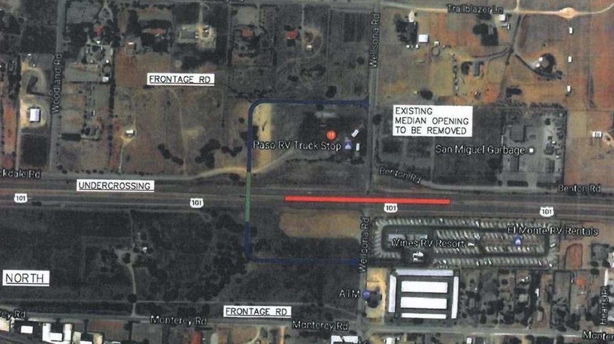 A Caltrans map showing the planned underpass just south of the Wellsona Road and Highway 101 intersection. A truck repair facility could be built nearby before it’s complete, prompting safety concerns.