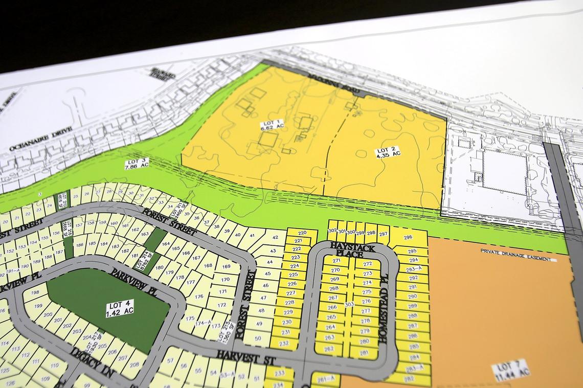 Construction on the San Luis Ranch project, a 580-home project, is underway. The project will be a mix of multifamily and single-family homes. Detail shot of plan map showing Lot 1 and Lot 2.