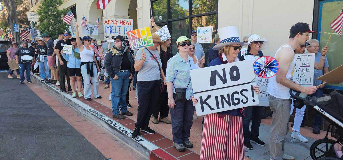 Protestors gathered in front of the courthouse in San Luis Obispo, for No Kings Day to protest executive overreach by the Trump administration on the president’s birthday. The protest then turned into a march.